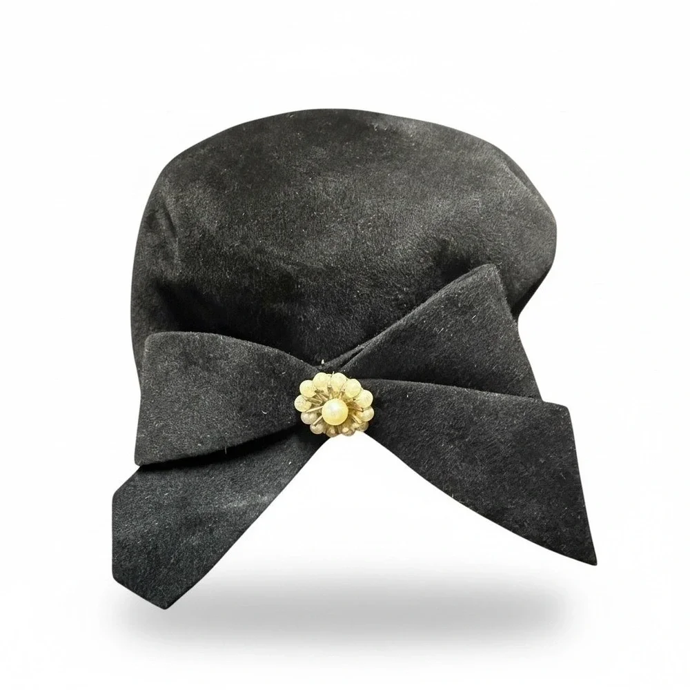 Vintage Black Fur Felt Pillbox Hat Front Bow Faux Pearl Union Made 1950s‎ 1960s